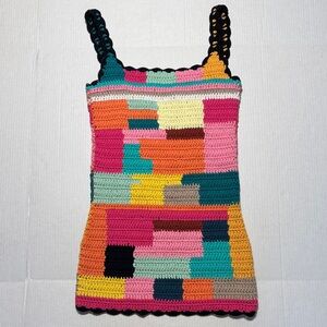 TACH Clothing NWT Hand Knit Meryl Colorful Patchwork Crochet Tank Mini Dress S